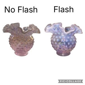 VINTAGE Fenton Pink Opalescent Iridescent Art Glass Hobnail Ruffle Vase 4.5”